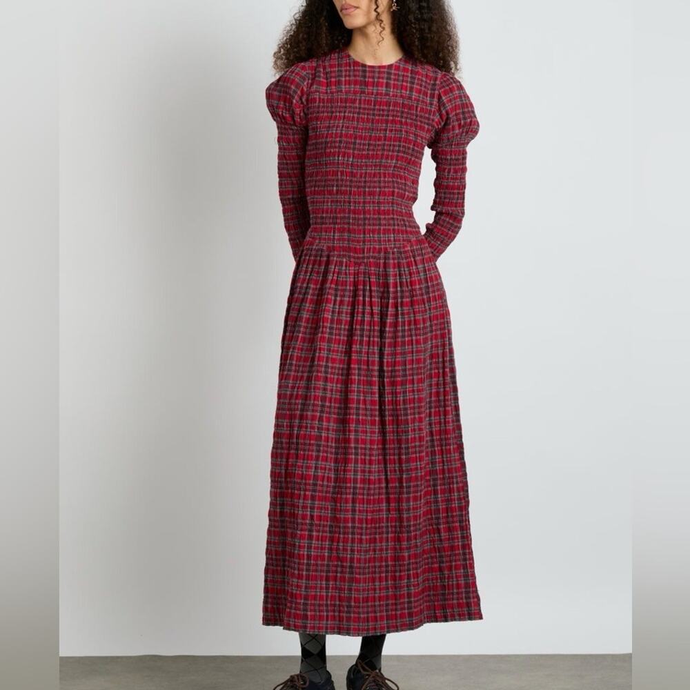 Damson Madder Alice Plaid Shirred Midi Dress Drop Waist Velvet Trim Sz 6